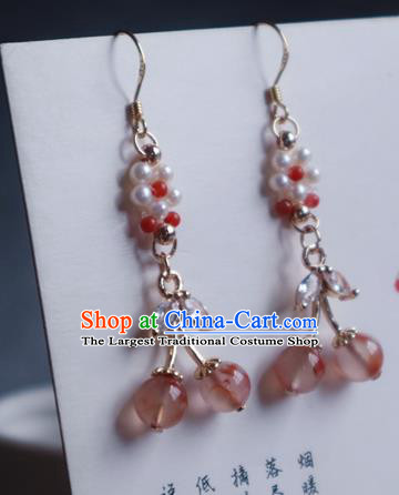 China Traditional Hanfu Crystal Earrings Ancient Ming Dynasty Princess Pink Beads Ear Jewelry