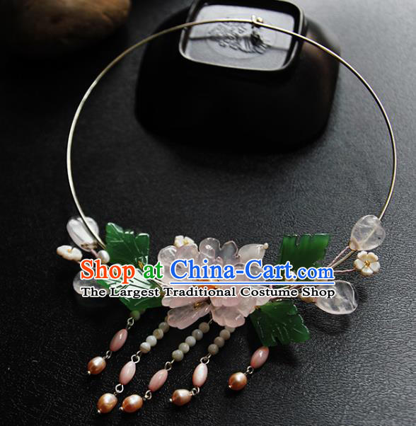 China Handmade Hanfu Peach Blossom Necklet Jewelry Traditional Ming Dynasty Rose Quartz Necklace Accessories