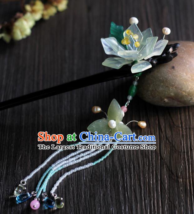 Chinese Handmade Ebony Hairpin Traditional Han Dynasty Princess Jade Mangnolia Tassel Hair Stick