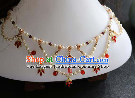 China Traditional Hanfu Red Crystal Necklace Accessories Handmade Pearls Necklet Jewelry