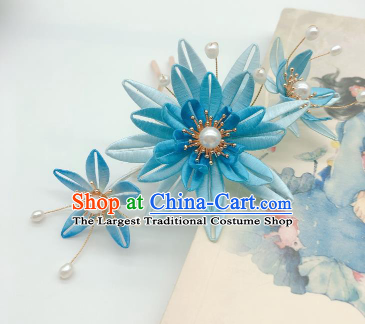 Chinese Handmade Blue Silk Epiphyllum Hairpin Traditional Song Dynasty Court Princess Hair Stick