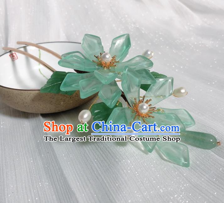 Chinese Handmade Green Mangnolia Hairpin Traditional Ming Dynasty Pearls Hair Clip