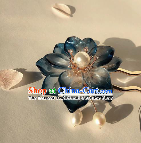 Chinese Handmade Pearls Hairpin Traditional Ming Dynasty Palace Lady Navy Lotus Hair Stick