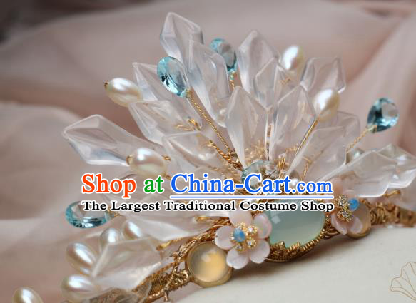 Chinese Handmade White Crystal Hairpin Traditional Ming Dynasty Palace Lady Chalcedony Hair Crown