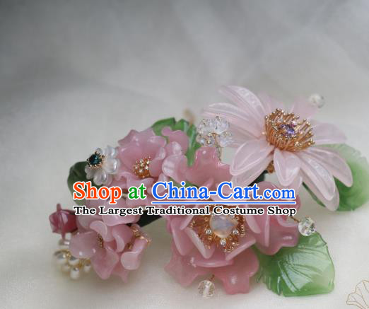 Chinese Handmade Headwear Ming Dynasty Hairpin Traditional Ancient Princess Pink Peony Hair Stick