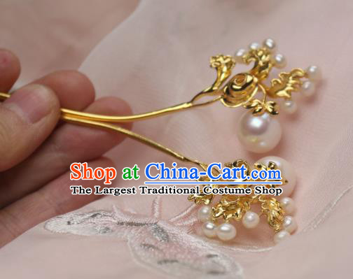 Chinese Handmade Tang Dynasty Golden Hairpin Traditional Ancient Princess Pearls Hair Stick Headpiece