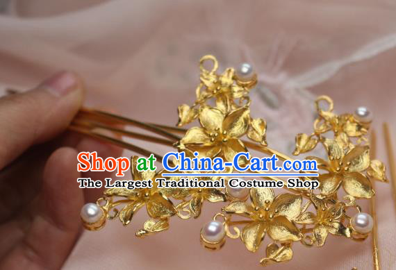 Chinese Traditional Ancient Princess Hair Stick Headpiece Handmade Tang Dynasty Golden Peach Flowers Hairpin