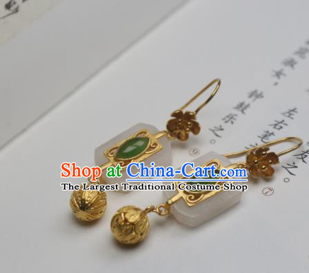 China Traditional Cheongsam White Jade Earrings Ancient Princess Golden Ear Jewelry