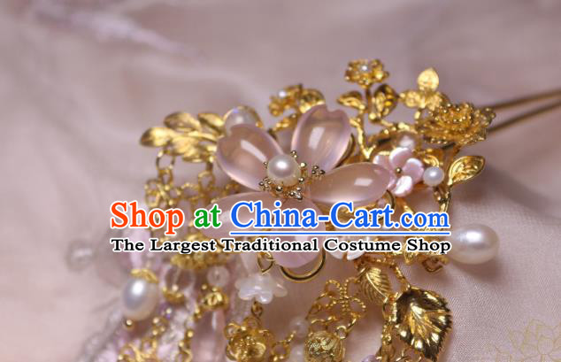 Chinese Handmade Pink Sakura Hairpin Traditional Ancient Princess Moonstone Hair Stick Headwear