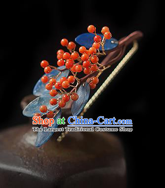 Chinese Handmade Red Berry Hair Stick Traditional Ming Dynasty Princess Blue Leaf Hairpin