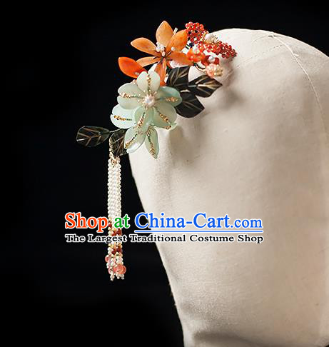 Chinese Handmade Pearls Tassel Hair Stick Traditional Song Dynasty Princess Peach Flowers Hairpin