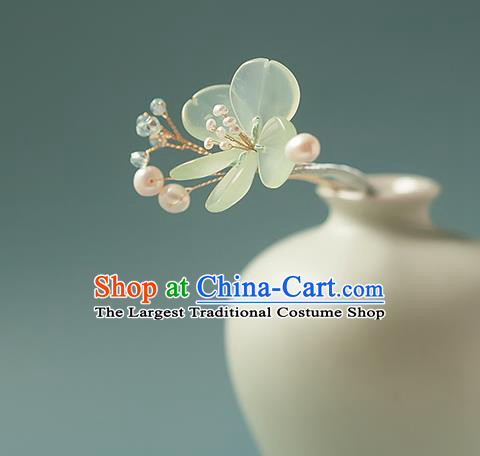 Chinese Handmade Jade Hair Stick Traditional Song Dynasty Princess Green Flower Hairpin