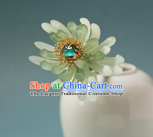 Chinese Handmade Hair Stick Traditional Ming Dynasty Empress Green Chrysanthemum Hairpin