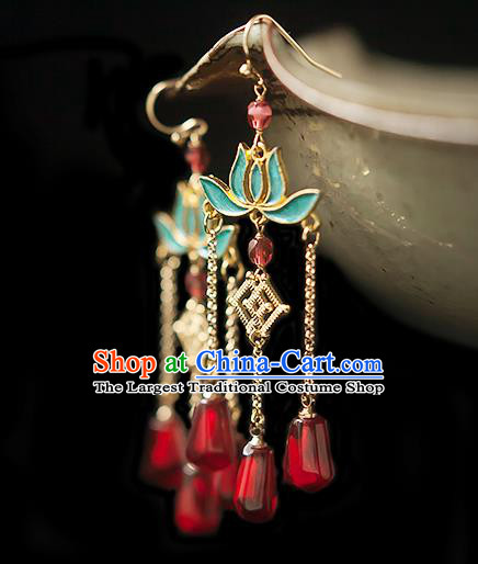 China Traditional Hanfu Red Beads Tassel Earrings Ancient Ming Dynasty Princess Lotus Ear Jewelry