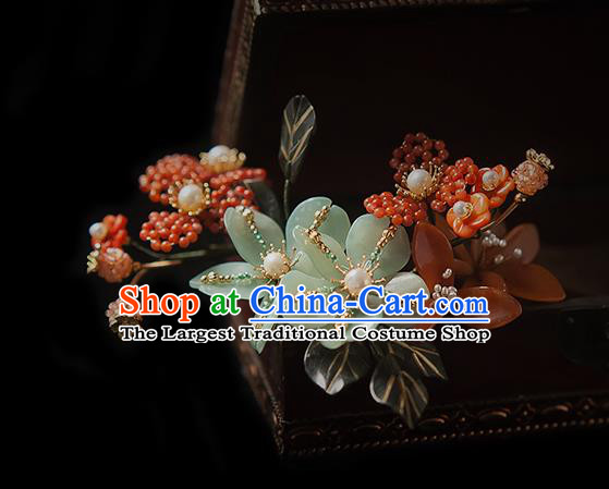 Chinese Handmade Red Beads Hair Stick Traditional Song Dynasty Princess Flowers Hairpin