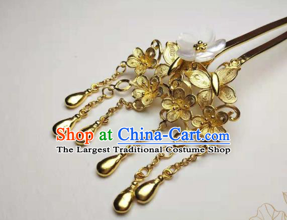 Chinese Handmade Shell Sakura Hair Stick Traditional Ancient Princess Golden Tassel Hairpin