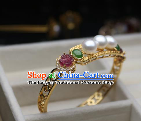 China Traditional Qing Dynasty Tourmaline Pearls Bracelet Accessories Handmade Golden Bangle Jewelry