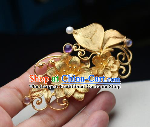 Chinese Handmade Golden Lotus Hair Stick Traditional Ancient Princess Amethyst Hairpin