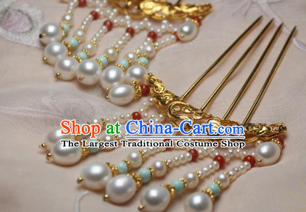 Chinese Handmade Ming Dynasty Golden Cloud Hair Stick Traditional Ancient Princess Pearls Tassel Hairpin