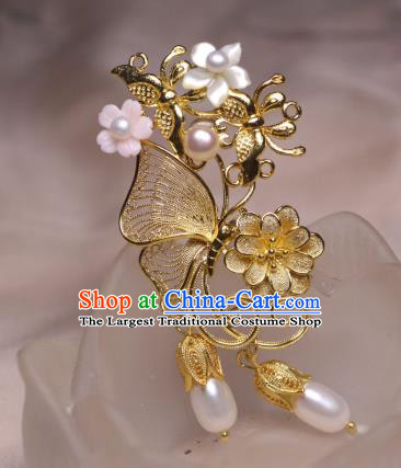 Chinese Handmade Golden Butterfly Hair Stick Traditional Ancient Princess Shell Flower Hairpin