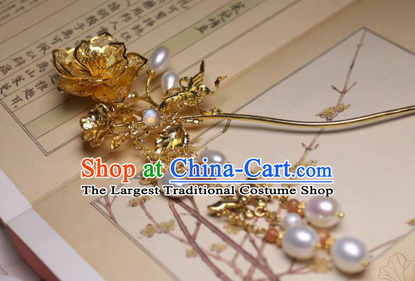 Chinese Handmade Pearls Tassel Hair Stick Traditional Ancient Princess Golden Peach Blossom Hairpin