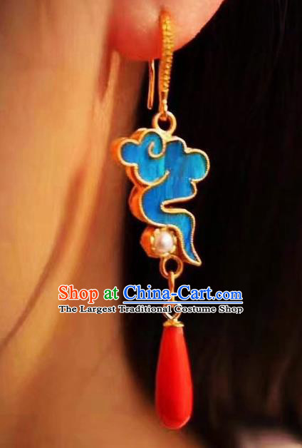 China Traditional Cheongsam Blue Cloud Earrings Classical Pearl Agate Ear Jewelry