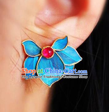 China Classical Garnet Ear Jewelry Traditional Cheongsam Blue Orchids Earrings