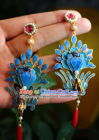 China Classical Pearls Tourmaline Ear Jewelry Traditional Cheongsam Blueing Phoenix Earrings