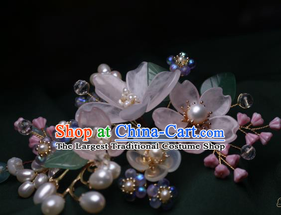 Chinese Handmade Ming Dynasty Pearls Hair Stick Traditional Ancient Princess Pink Begonia Hairpin