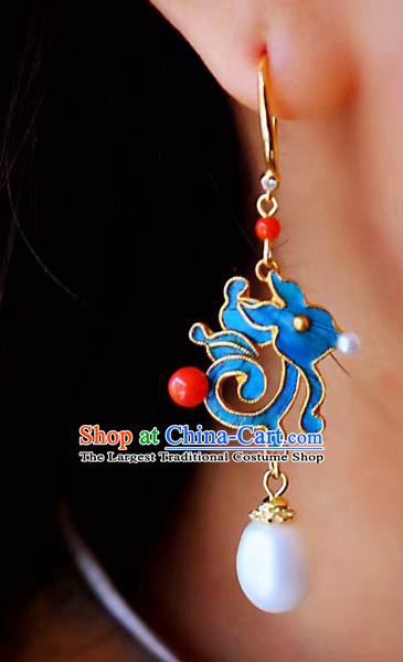 China Classical Pearl Ear Jewelry Traditional Cheongsam Blue Rabbit Earrings