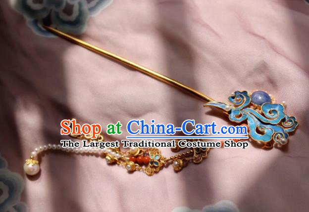 Chinese Handmade Pearls Tassel Hair Stick Traditional Ancient Qing Dynasty Imperial Consort Lapis Hairpin