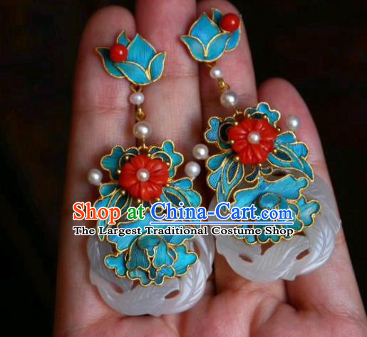 China Classical Jade Ear Jewelry Traditional Cheongsam Coral Beads Pearl Earrings