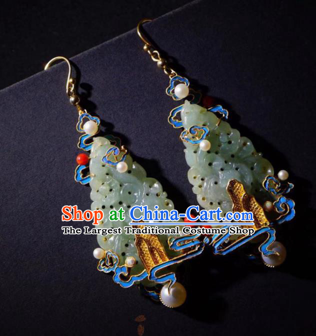 Chinese Qing Dynasty Empress Earrings Ancient Court Lady Blueing Ear Accessories Traditional Jade Jewelry