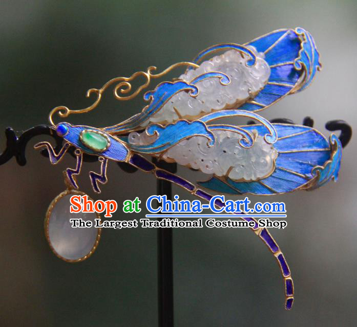 China Handmade Ancient Court Blueing Dragonfly Brooch Accessories Traditional Qing Dynasty Jade Jewelry