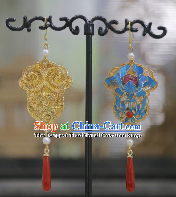 Chinese Qing Dynasty Agate Earrings Ancient Empress Tourmaline Ear Accessories Traditional Filigree Jewelry