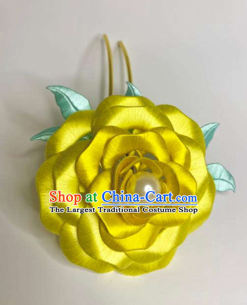 China Ancient Empress Yellow Silk Rose Hair Stick Traditional Qing Dynasty Palace Lady Hairpin