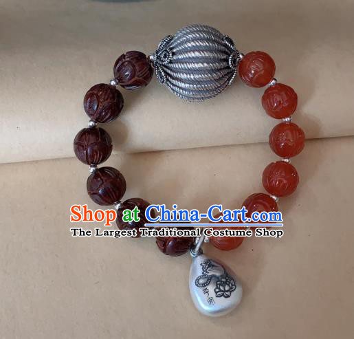 Handmade Chinese Agate Beads Wristlet Accessories Ethnic Silver Bangle National Rosewood Bracelet