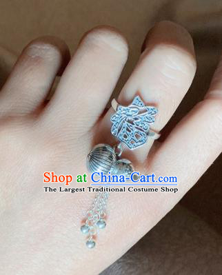 Chinese Handmade Ethnic Bells Tassel Ring National Silver Carving Gourd Circlet Jewelry