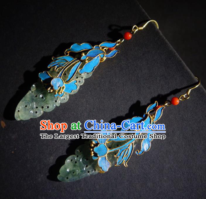 Chinese Handmade Traditional Jade Earrings Jewelry Ancient Qing Dynasty Court Ear Accessories