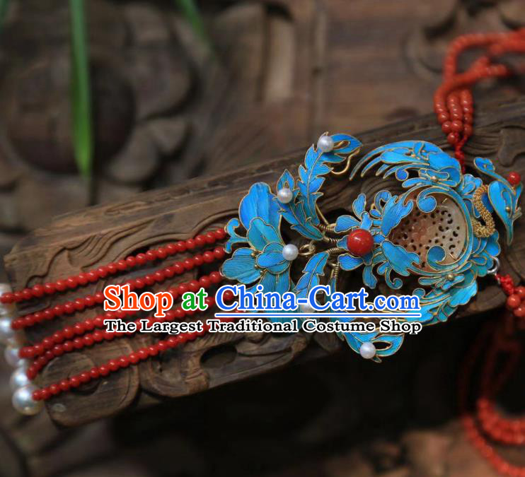 China Traditional Red Beads Tassel Necklace Jewelry Accessories Qing Dynasty Necklet Jade Pendant