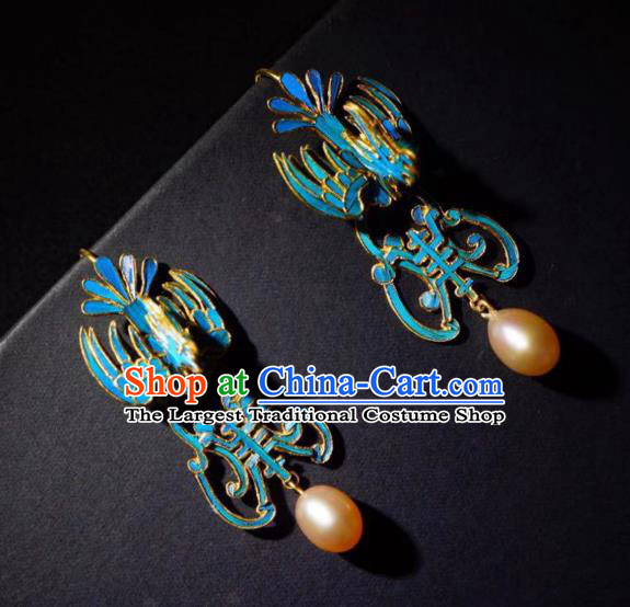 Chinese Ancient Qing Dynasty Court Ear Accessories Traditional Blueing Phoenix Earrings Jewelry