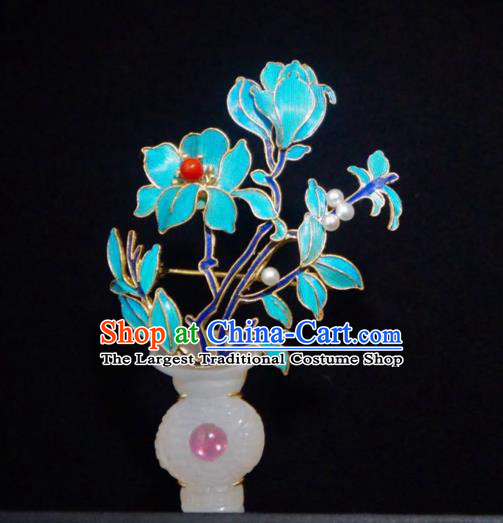 China Traditional Qing Dynasty Blueing Peony Breastpin Jewelry Handmade Jade Vase Brooch Accessories