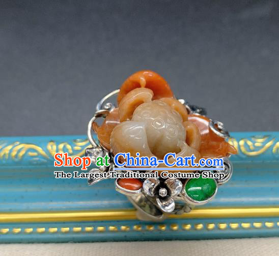 Chinese Handmade Ethnic Agate Lotus Ring National Silver Carving Circlet Jewelry