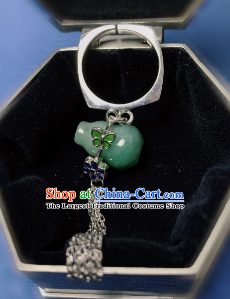 Chinese Handmade Jadeite Gourd Ring National Silver Tassel Circlet Jewelry