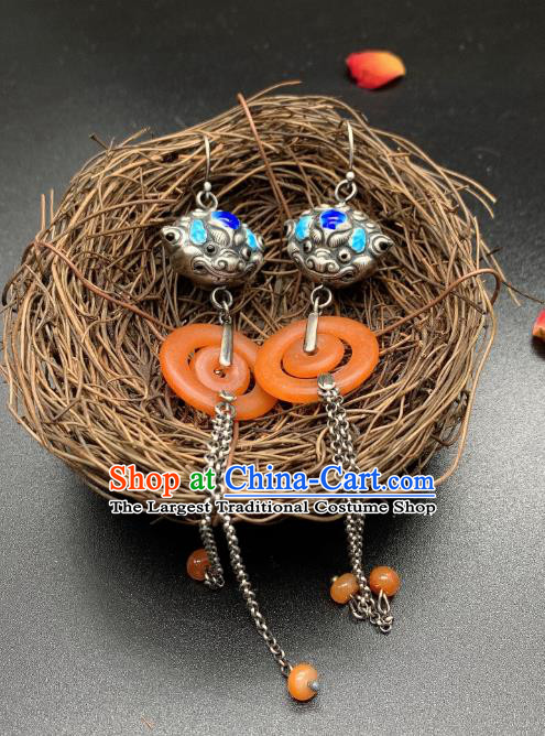 China National Blueing Silver Lion Earrings Jewelry Traditional Cheongsam Agate Ear Accessories