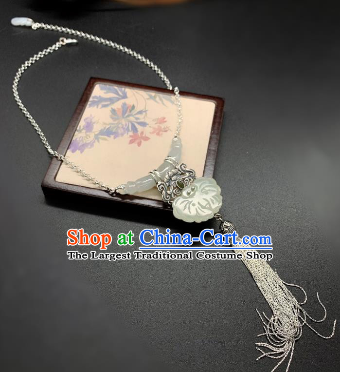 Handmade Chinese Jade Butterfly Necklace Accessories National Silver Tassel Necklet Pendant