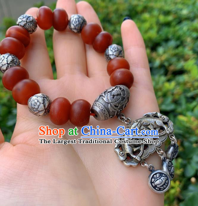 Handmade Chinese National Agate Beads Wristlet Accessories Wedding Silver Bucket Bracelet