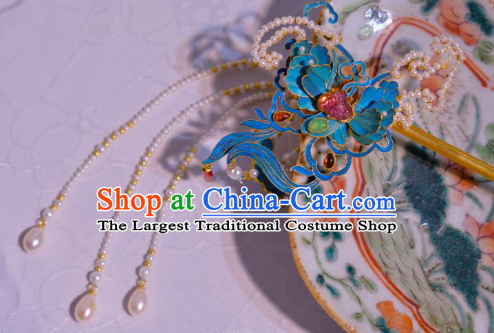 Chinese Traditional Hair Jewelry Pearls Tassel Hair Stick Ancient Qing Dynasty Empress Butterfly Hairpin