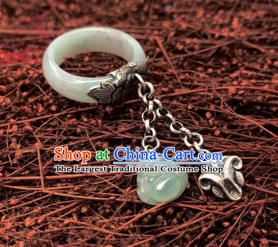 Chinese Handmade White Jade Ring National Silver Tassel Circlet Jewelry