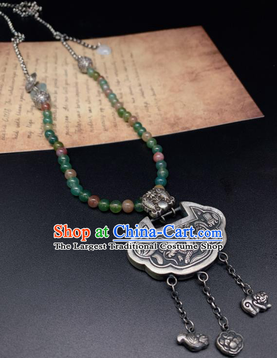 Handmade Chinese Jadeite Beads Necklace Accessories National Silver Lock Tassel Necklet Pendant